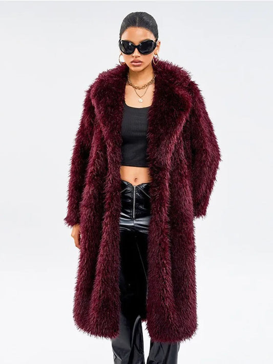 DEAT Fashion Wine Red Long Faux Fur Coat Women's Lapel Loose Plush Thick Sashes Overcoat Winter New 7A1437