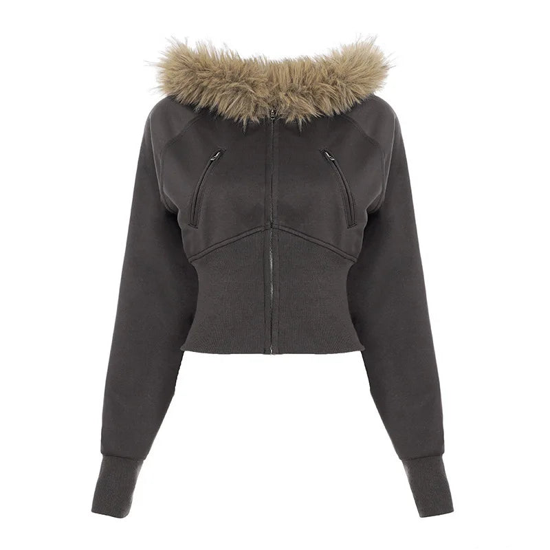 Autumn Winter Vintage Brown Short Hooded Jacket Women's Full Sleeve Slim Detachable Fur Collar Warm 2025 NEW Female Y2k Outwears