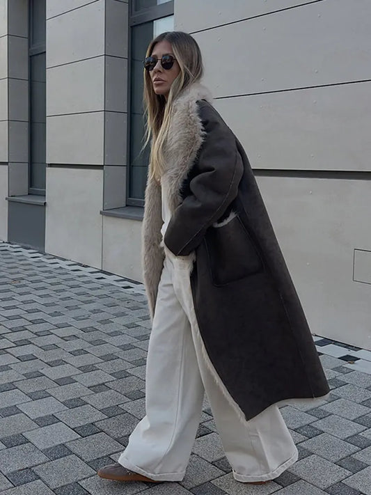 Reversible Faux Fur Long Coats Women Luxury Lapel