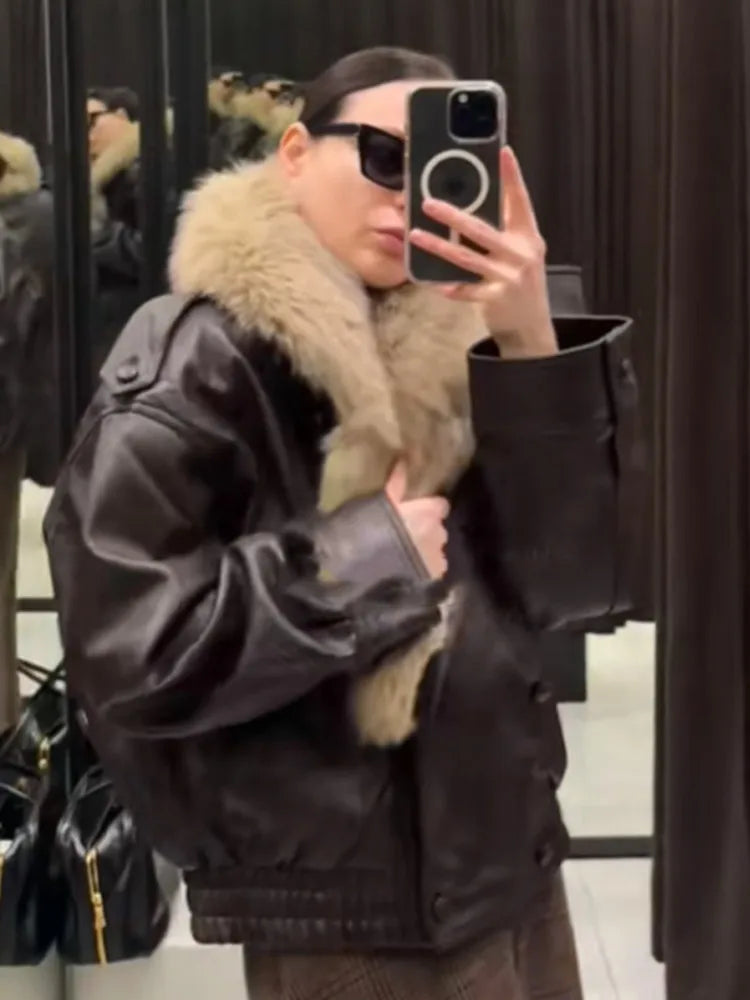 Brown Faux Fur Collar Leather Jacket Women Oversize Design Long Sleeve Coat 2025