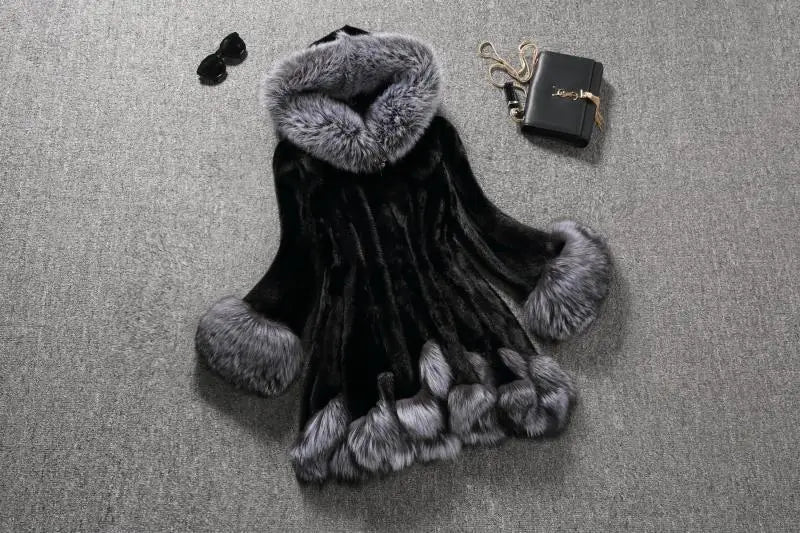 New White Rabbit Fur Mink Immitation Fur Coat Women's Winter Hatted Jacket Elegant Style Long Sleeve Comfortable Casual