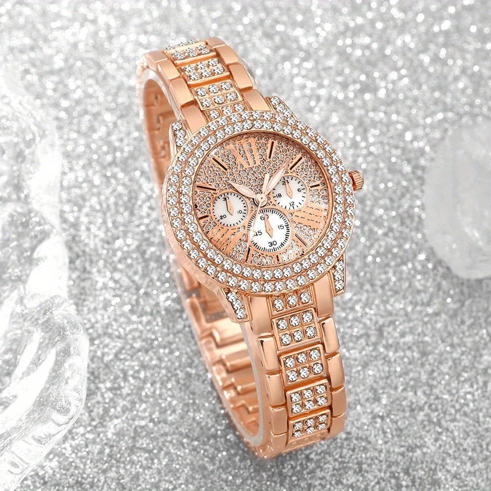6pcs Elegant Rhinestone Women's Quartz Wristwatches with Round Dial Minimalist Jewelry Set Reloj Mujer(Without Box)