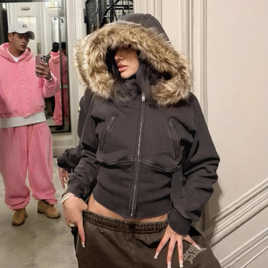 Autumn Winter Vintage Brown Short Hooded Jacket Women's Full Sleeve Slim Detachable Fur Collar Warm 2025 NEW Female Y2k Outwears