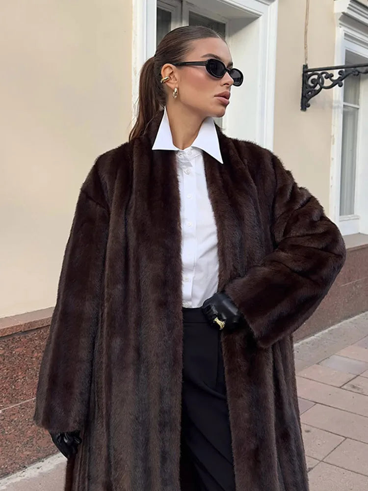 Women Casual Brown Faux Fur Coat Turtleneck Full Sleeve Fluffy Loose Striped