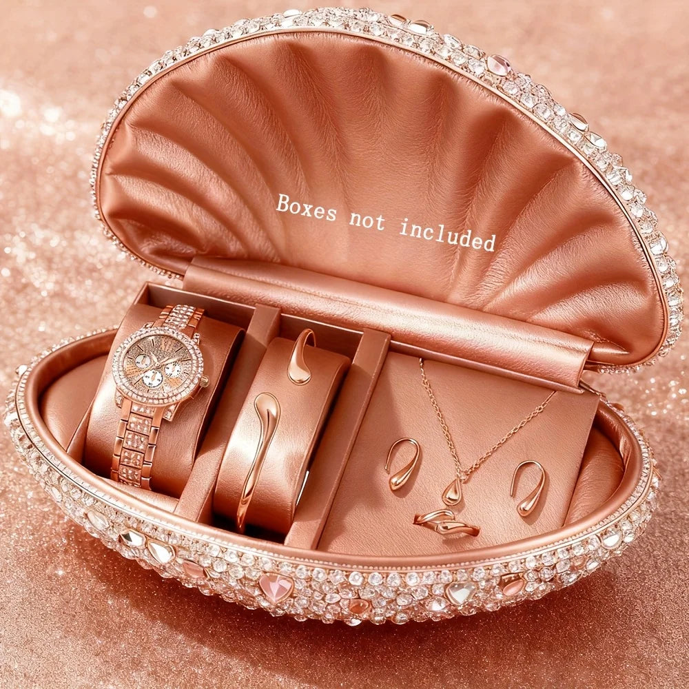 6pcs Elegant Rhinestone Women's Quartz Wristwatches with Round Dial Minimalist Jewelry Set Reloj Mujer（Without Box）