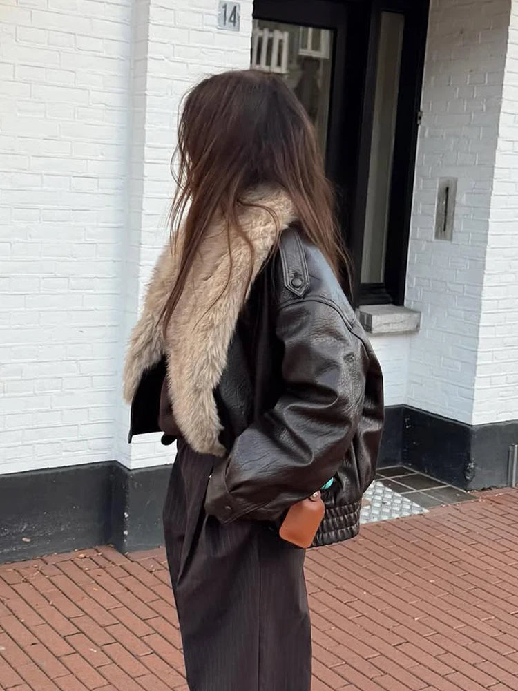 Brown Faux Fur Collar Leather Jacket Women Oversize Design Long Sleeve Coat 2025
