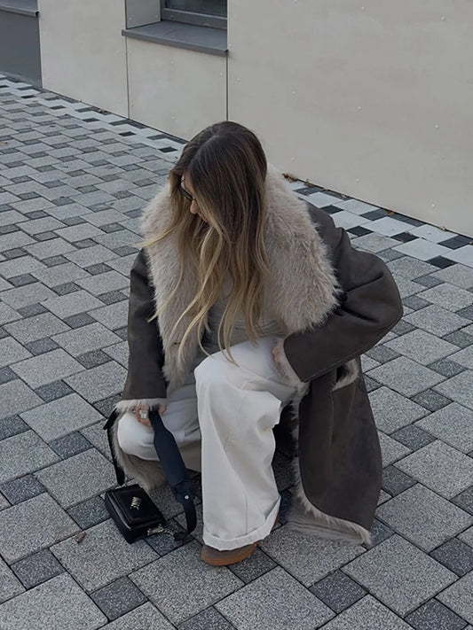 Reversible Faux Fur Long Coats Women Luxury Lapel