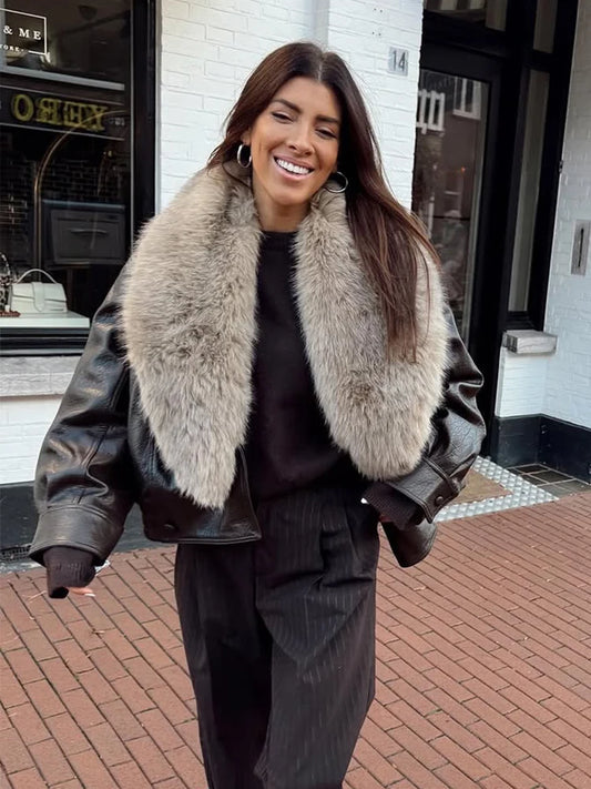 Brown Faux Fur Collar Leather Jacket Women Oversize Design Long Sleeve Coat 2025