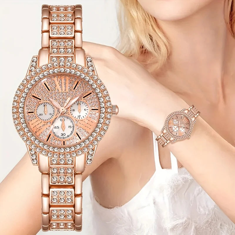6pcs Elegant Rhinestone Women's Quartz Wristwatches with Round Dial Minimalist Jewelry Set Reloj Mujer（Without Box）