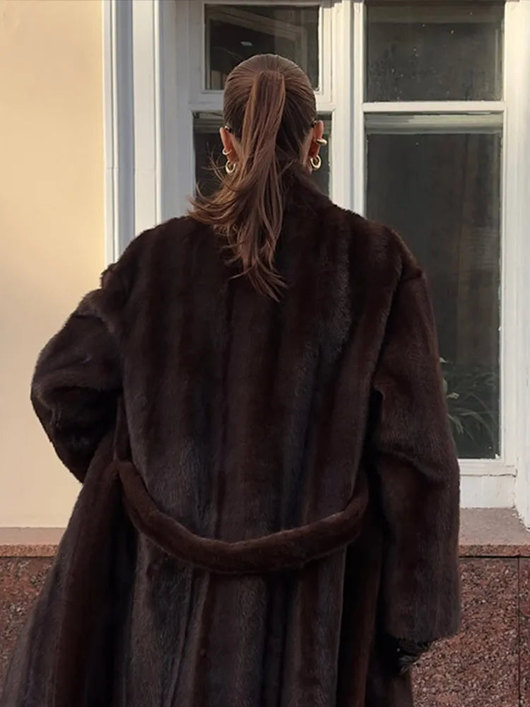 Women Casual Brown Faux Fur Coat Turtleneck Full Sleeve Fluffy Loose Striped