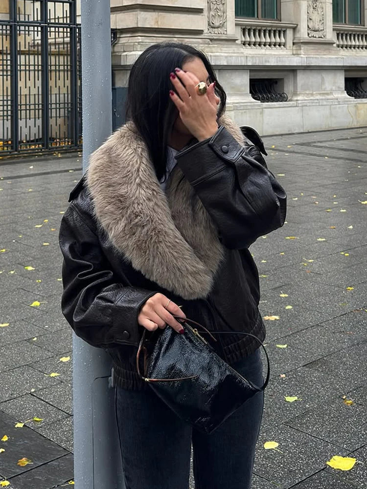 Brown Faux Fur Collar Leather Jacket Women Oversize Design Long Sleeve Coat 2025