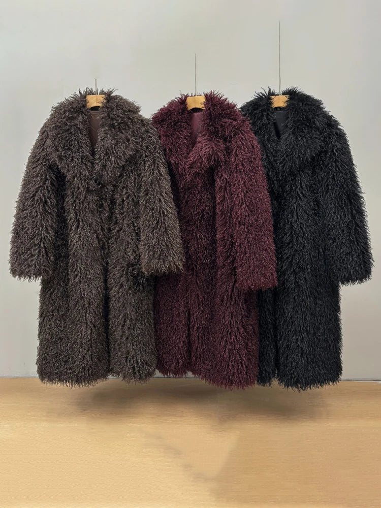 DEAT Fashion Wine Red Long Faux Fur Coat Women's Lapel Loose Plush Thick Sashes Overcoat Winter New 7A1437