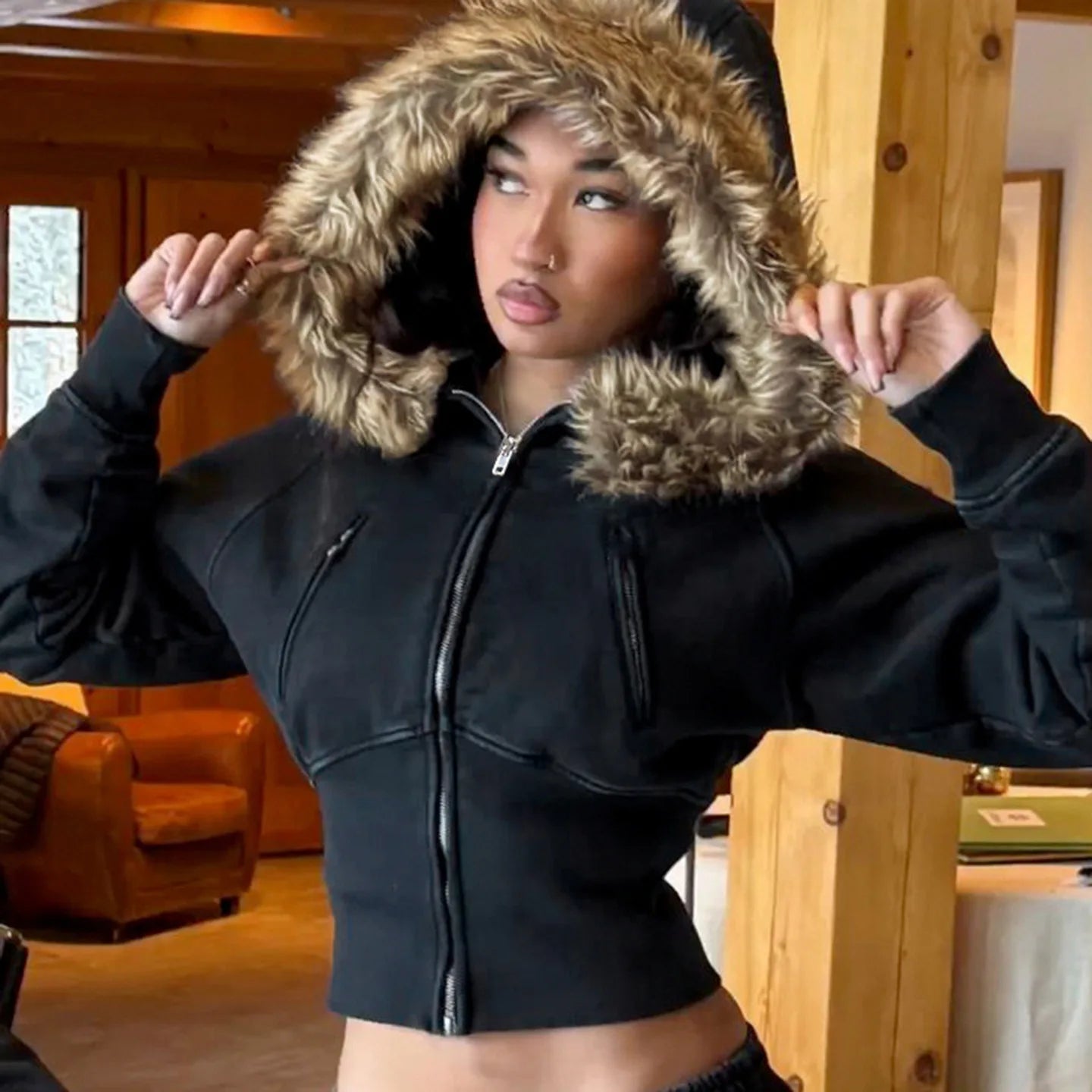 Autumn Winter Vintage Brown Short Hooded Jacket Women's Full Sleeve Slim Detachable Fur Collar Warm 2025 NEW Female Y2k Outwears