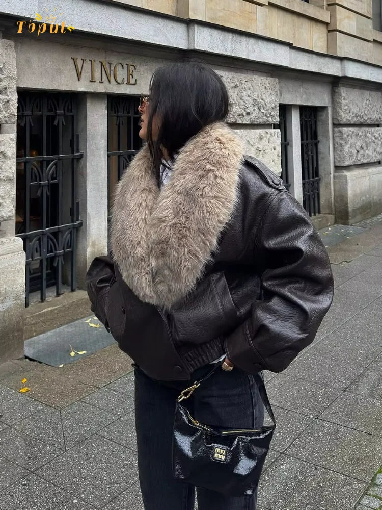 Brown Faux Fur Collar Leather Jacket Women Oversize Design Long Sleeve Coat 2025