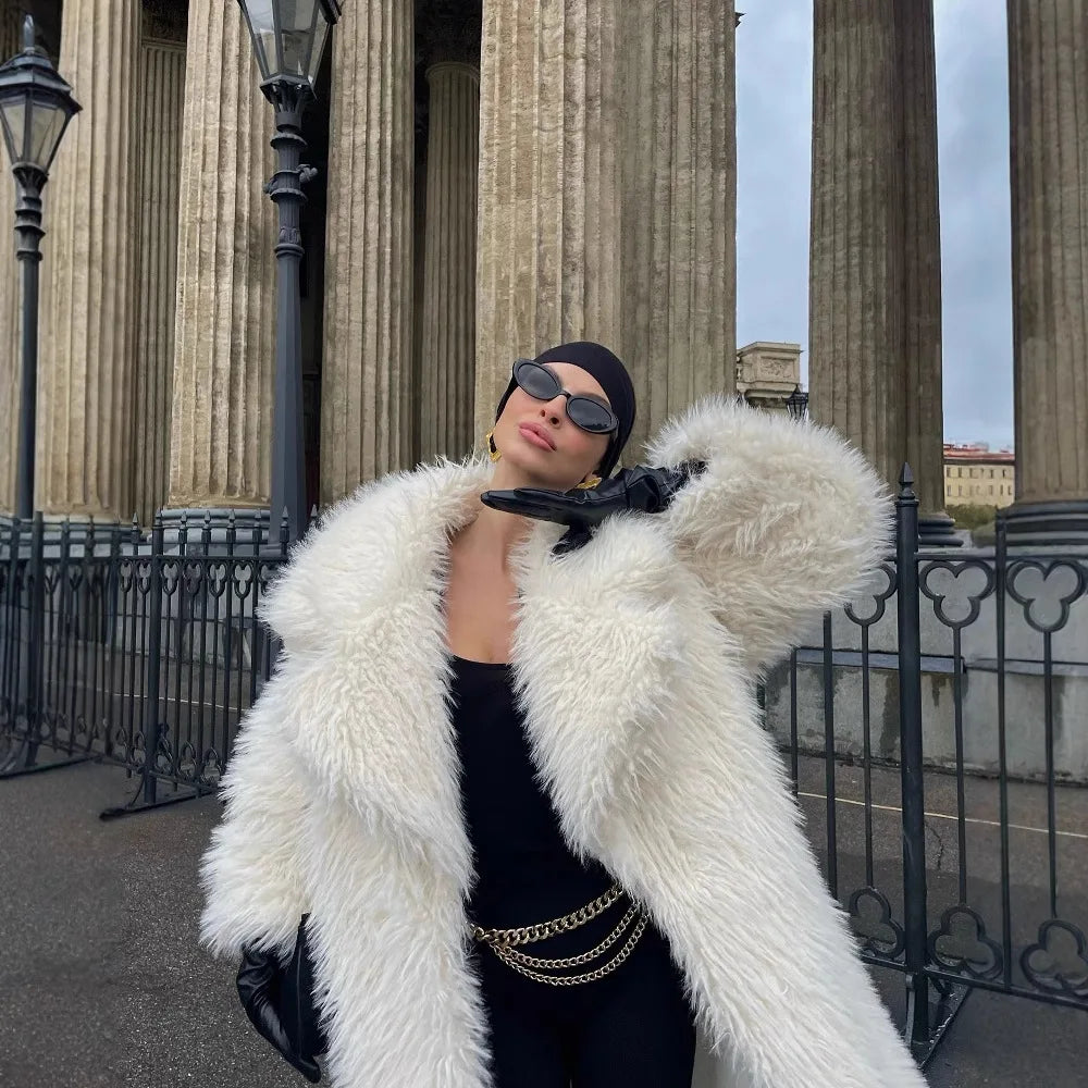DEAT Fashion Wine Red Long Faux Fur Coat Women's Lapel Loose Plush Thick Sashes Overcoat Winter New 7A1437