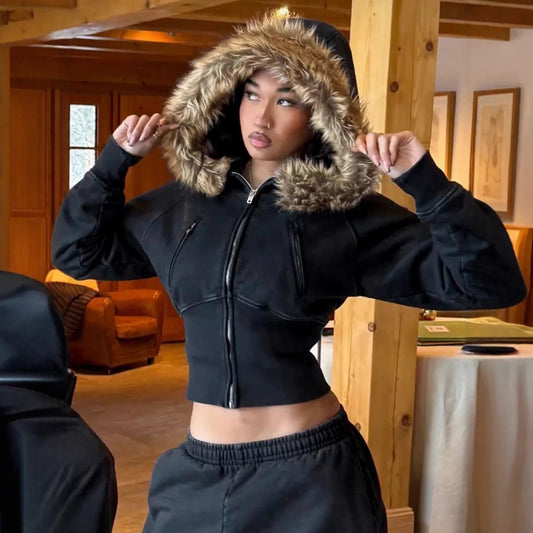 Autumn Winter Vintage Brown Short Hooded Jacket Women's Full Sleeve Slim Detachable Fur Collar Warm 2025 NEW Female Y2k Outwears