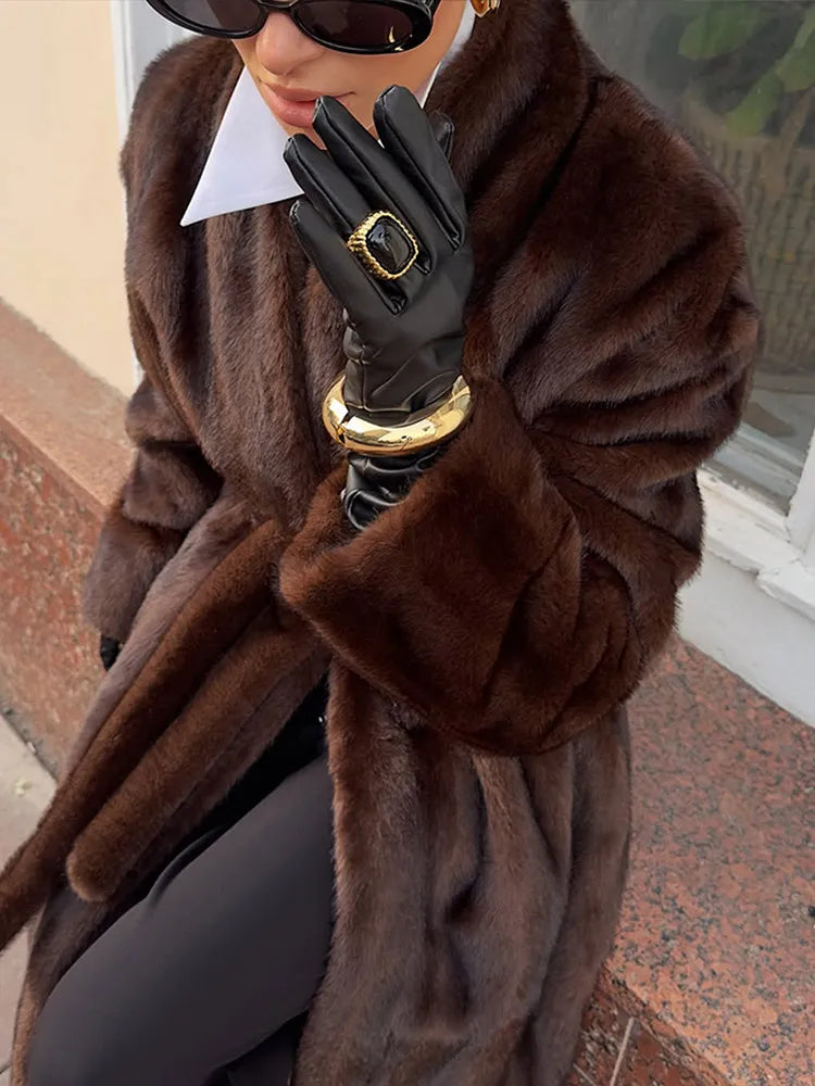 Women Casual Brown Faux Fur Coat Turtleneck Full Sleeve Fluffy Loose Striped