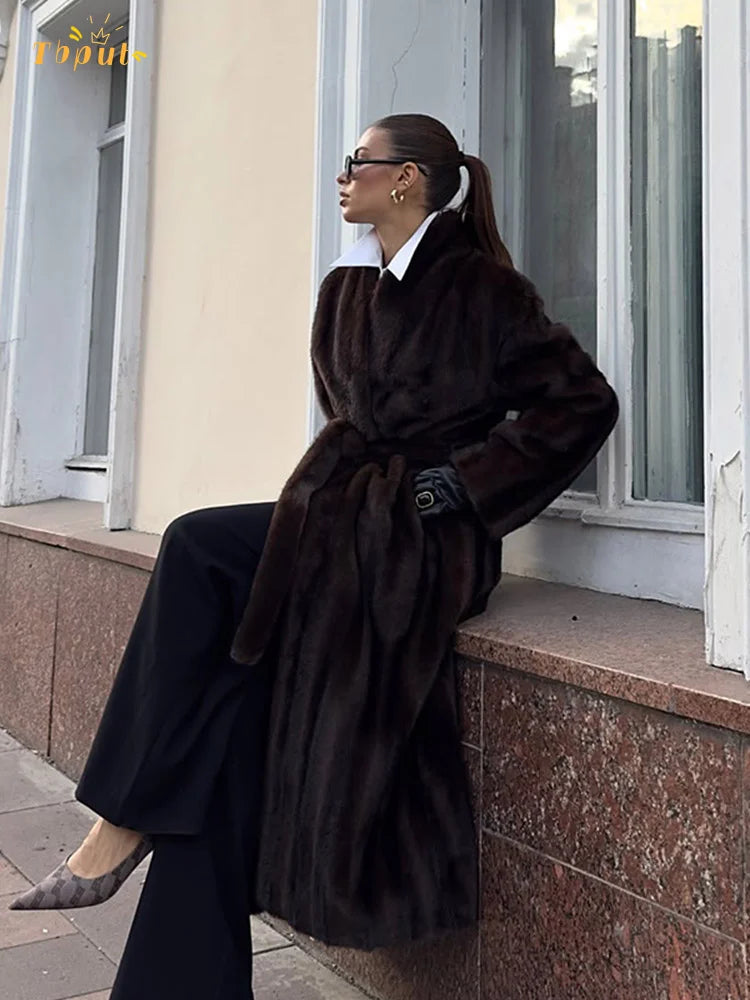 Women Casual Brown Faux Fur Coat Turtleneck Full Sleeve Fluffy Loose Striped