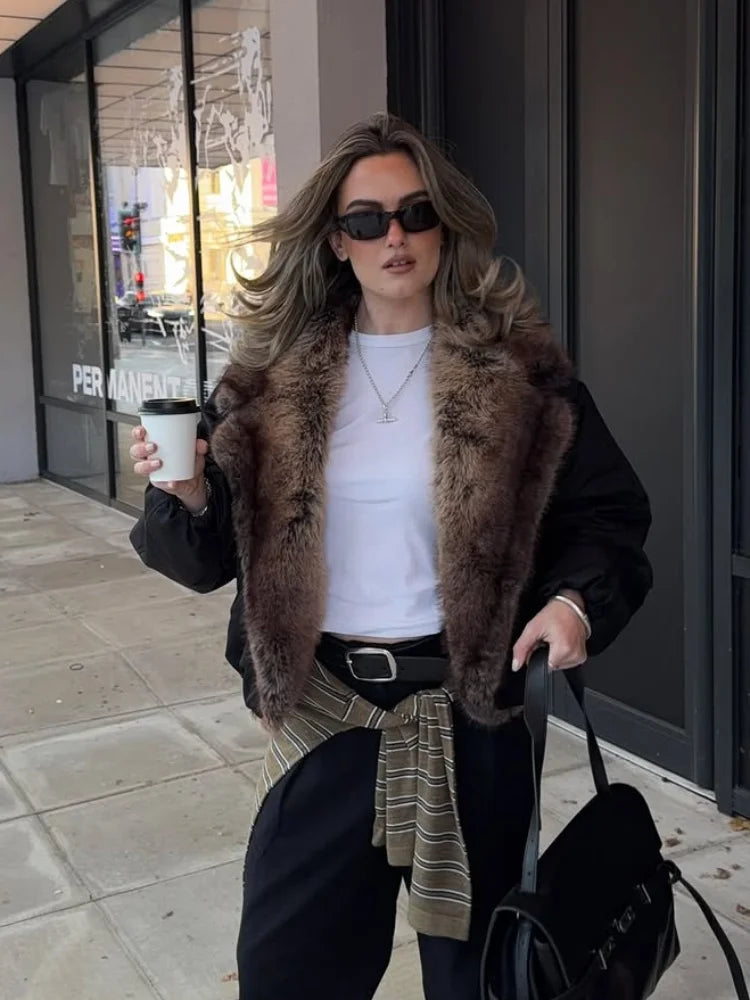 Brown Faux Fur Collar Leather Jacket Women Oversize Design Long Sleeve Coat 2025
