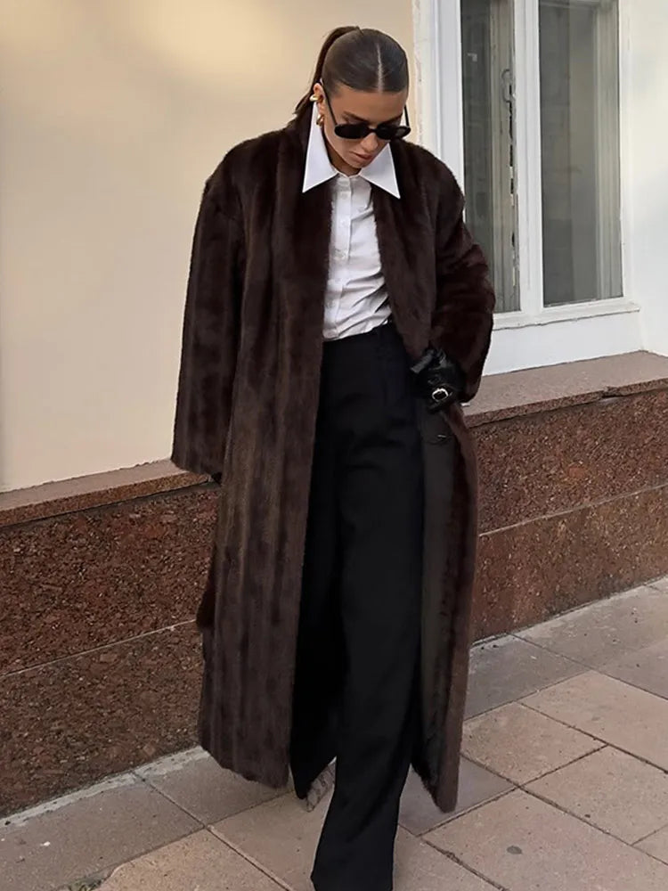 Women Casual Brown Faux Fur Coat Turtleneck Full Sleeve Fluffy Loose Striped