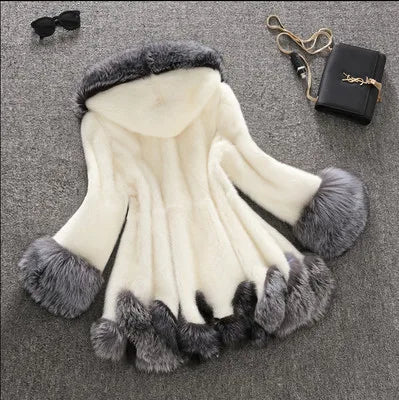 New White Rabbit Fur Mink Immitation Fur Coat Women's Winter Hatted Jacket Elegant Style Long Sleeve Comfortable Casual