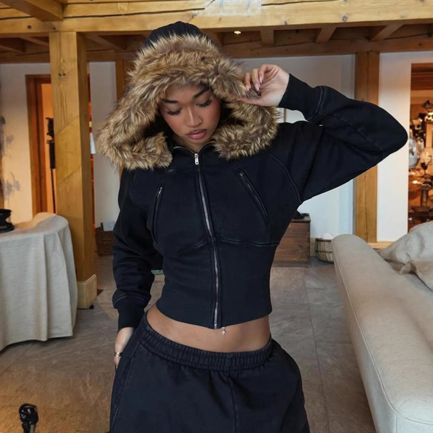 Autumn Winter Vintage Brown Short Hooded Jacket Women's Full Sleeve Slim Detachable Fur Collar Warm 2025 NEW Female Y2k Outwears