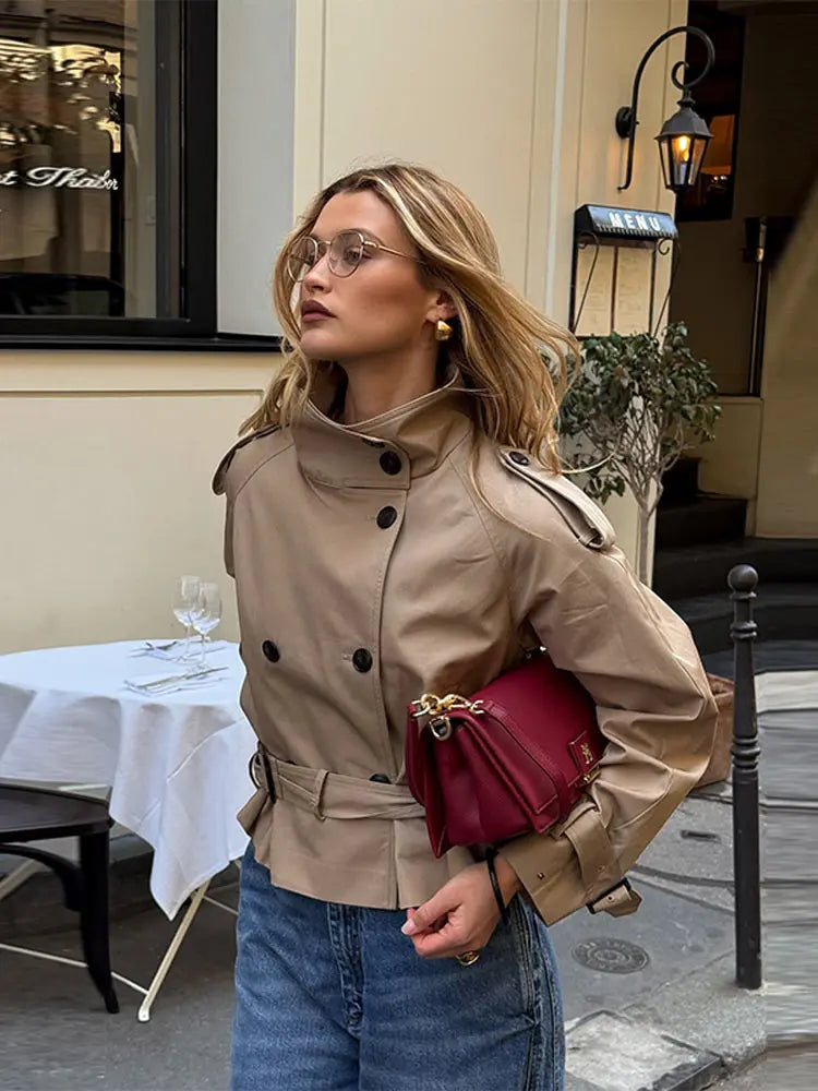 Fashion Stand Collar Jacket Women's Solid Double Breasted Lace Up Short Coat 2025 Autumn Commute Winter Lady Elegant Outwear