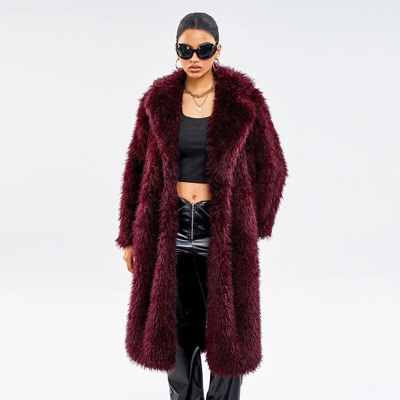 DEAT Fashion Wine Red Long Faux Fur Coat Women's Lapel Loose Plush Thick Sashes Overcoat Winter New 7A1437