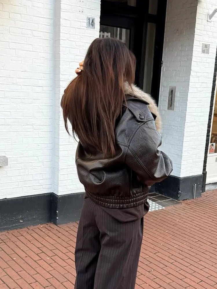 Brown Faux Fur Collar Leather Jacket Women Oversize Design Long Sleeve Coat 2025