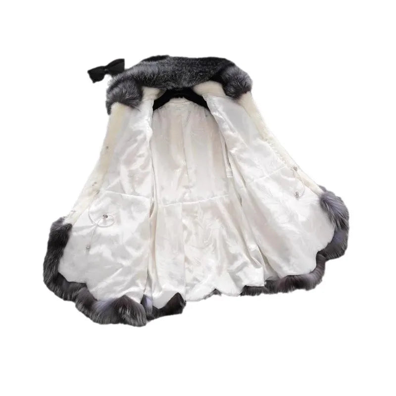 New White Rabbit Fur Mink Immitation Fur Coat Women's Winter Hatted Jacket Elegant Style Long Sleeve Comfortable Casual