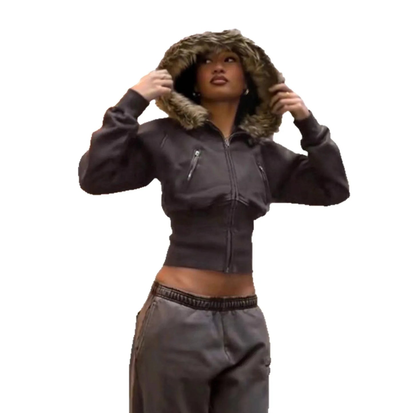 Autumn Winter Vintage Brown Short Hooded Jacket Women's Full Sleeve Slim Detachable Fur Collar Warm 2025 NEW Female Y2k Outwears