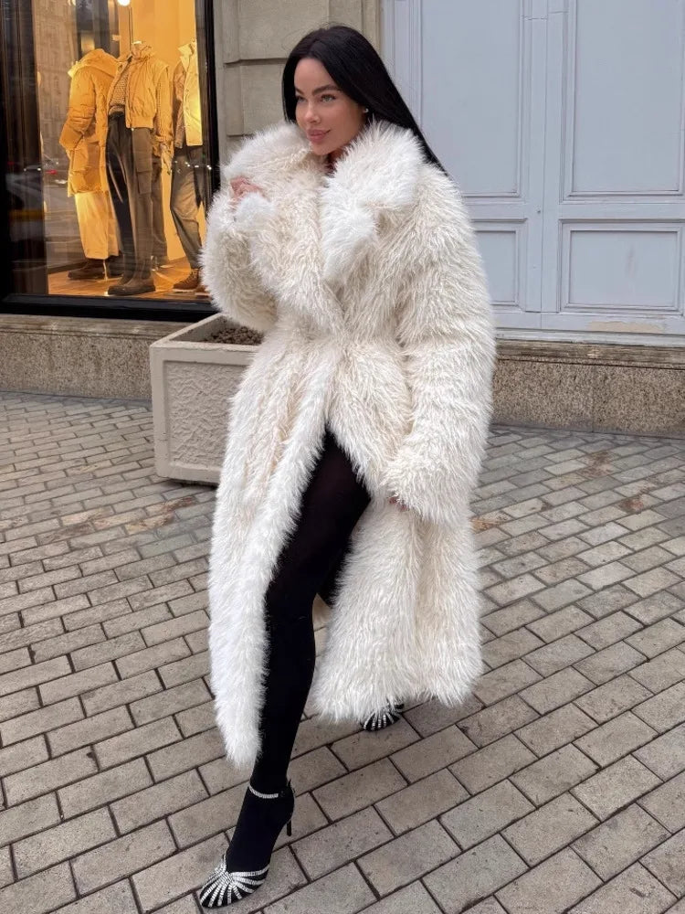 DEAT Fashion Wine Red Long Faux Fur Coat Women's Lapel Loose Plush Thick Sashes Overcoat Winter New 7A1437