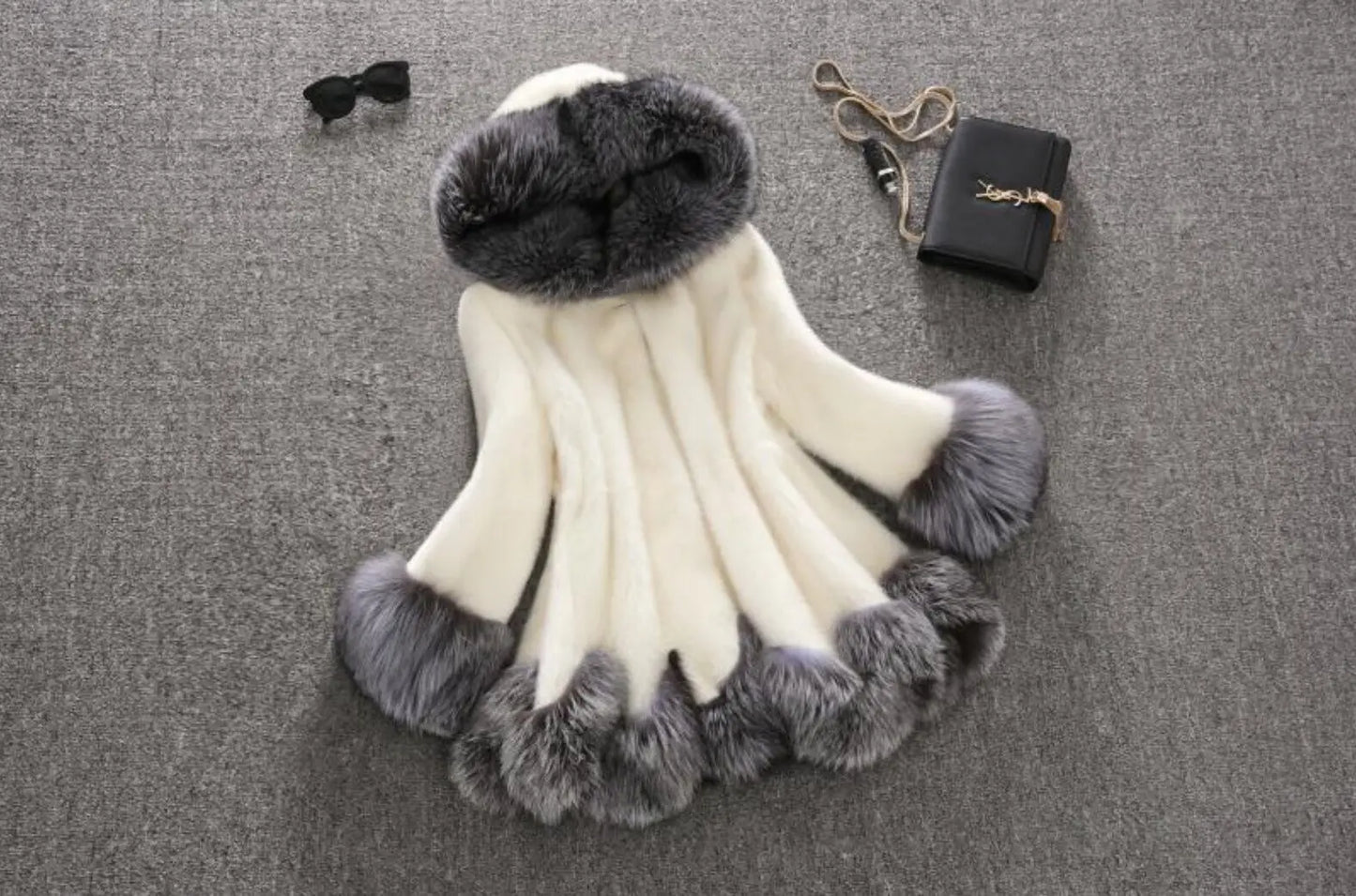 New White Rabbit Fur Mink Immitation Fur Coat Women's Winter Hatted Jacket Elegant Style Long Sleeve Comfortable Casual