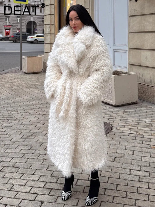 DEAT Fashion Wine Red Long Faux Fur Coat Women's Lapel Loose Plush Thick Sashes Overcoat Winter New 7A1437