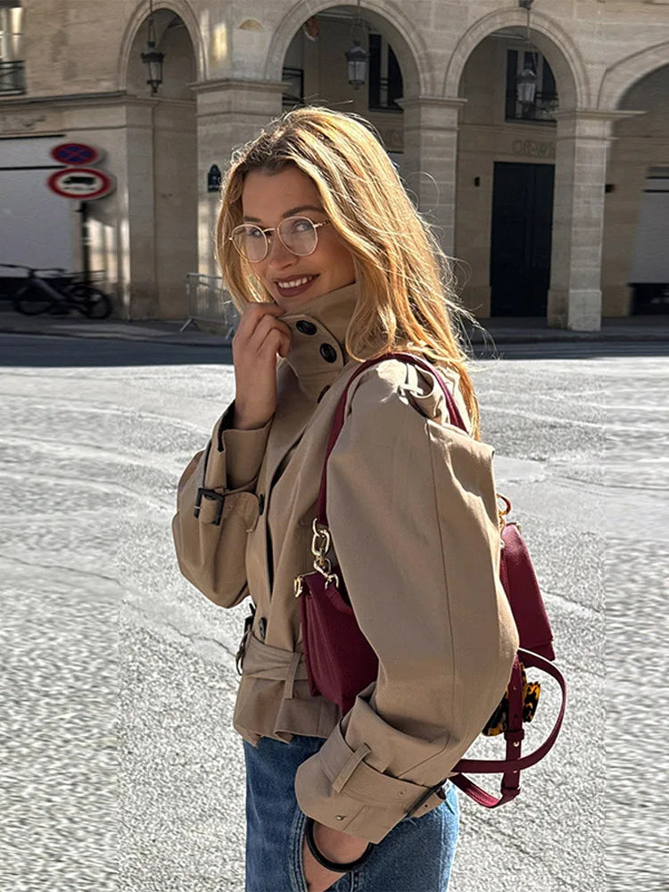 Fashion Stand Collar Jacket Women's Solid Double Breasted Lace Up Short Coat 2025 Autumn Commute Winter Lady Elegant Outwear