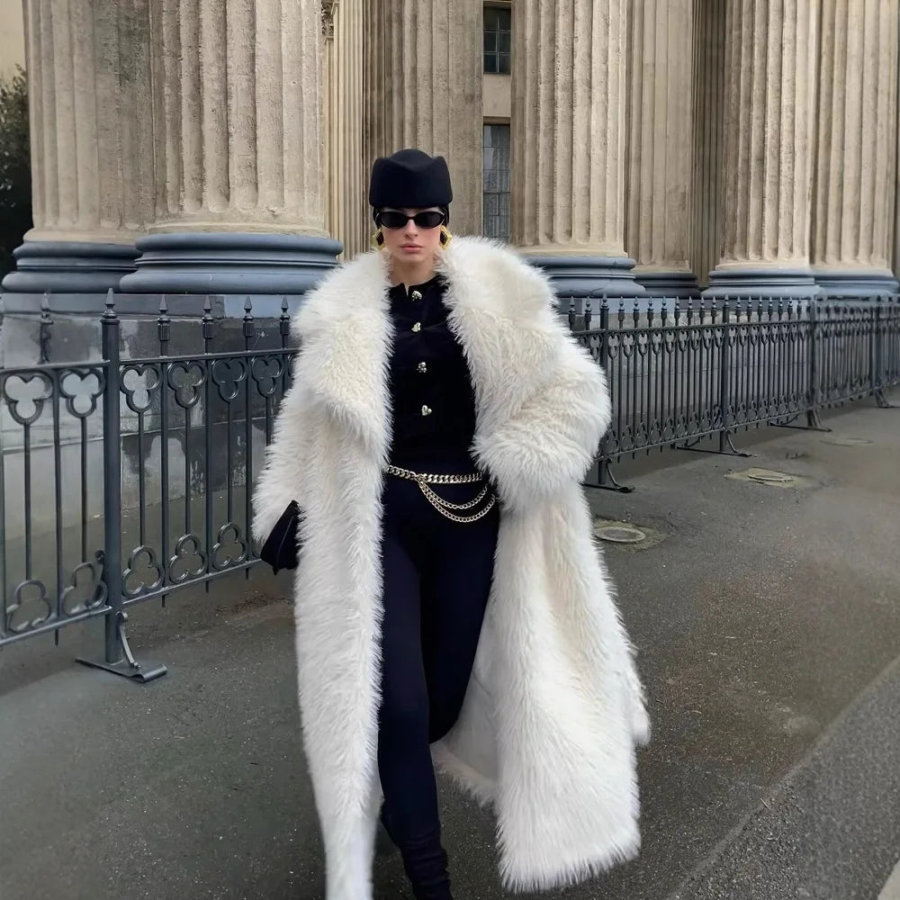DEAT Fashion Wine Red Long Faux Fur Coat Women's Lapel Loose Plush Thick Sashes Overcoat Winter New 7A1437