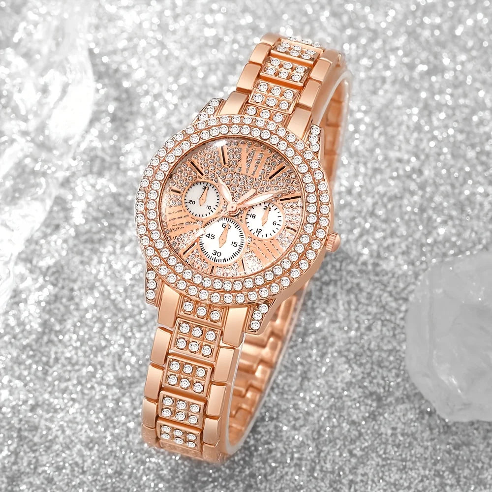 6pcs Elegant Rhinestone Women's Quartz Wristwatches with Round Dial Minimalist Jewelry Set Reloj Mujer（Without Box）