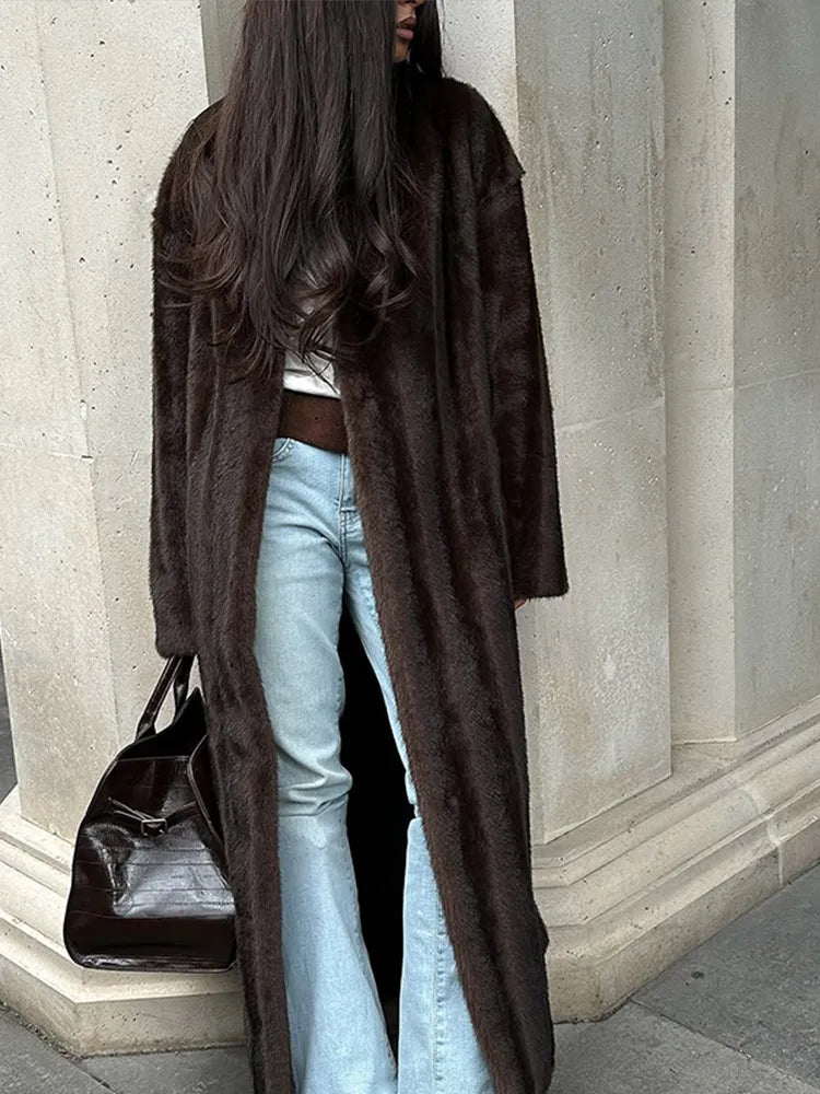 Women Casual Brown Faux Fur Coat Turtleneck Full Sleeve Fluffy Loose Striped