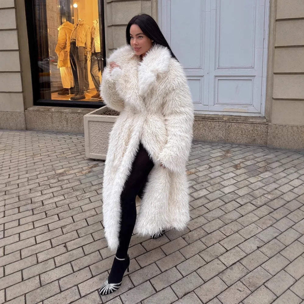 DEAT Fashion Wine Red Long Faux Fur Coat Women's Lapel Loose Plush Thick Sashes Overcoat Winter New 7A1437